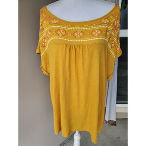 Tempted Hearts LA Top Womens Plus 2X Mustard Yellow Purple Embroidered Boho